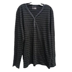 INC International Concept Mens Henley Top Large Black Striped Long Sleeve Casual